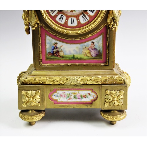 380 - A 19th century French ormolu and pink porcelain inset 8-day mantel clock, movement by Japy Freres, t... 