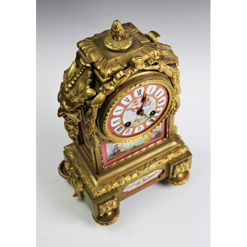 380 - A 19th century French ormolu and pink porcelain inset 8-day mantel clock, movement by Japy Freres, t... 