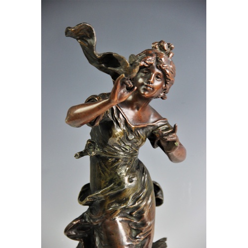 393 - After L & F Moreau a pair of bronze patinated spelter figures, early 20th century,'The familiar bird... 