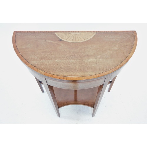 761 - An Edwardian mahogany demi lune folding card table, the satinwood cross banded top inlaid with fan d... 