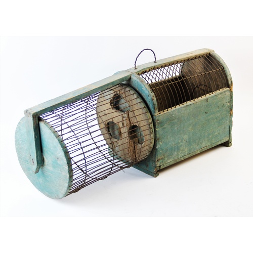 395 - A 19th century French painted pine hamster or mouse cage with attached wheel, the arched cage with h... 