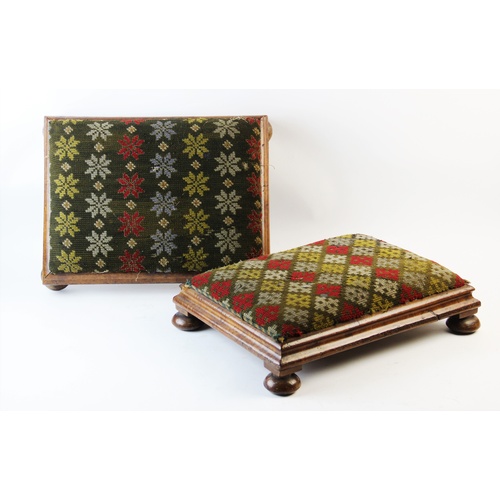 740 - A pair of walnut footstools, 19th century, of rectangular cushion form with upholstered tops, raised... 