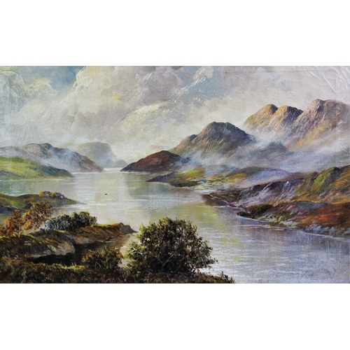 346A - English School (early 20th century),  
Oil on canvas,  
A mountainous lake scene,  
Indistinctly sig... 