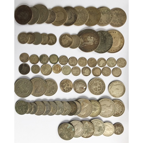 155 - An assortment of silver and copper coins, 19th century and later, including half pennies, farthings,... 