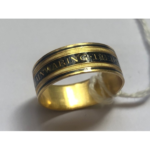 214 - A George III mourning ring, 'WH EH' London 1808, the yellow gold ring with black enamel 'Revd J E Ma... 