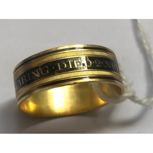 214 - A George III mourning ring, 'WH EH' London 1808, the yellow gold ring with black enamel 'Revd J E Ma... 