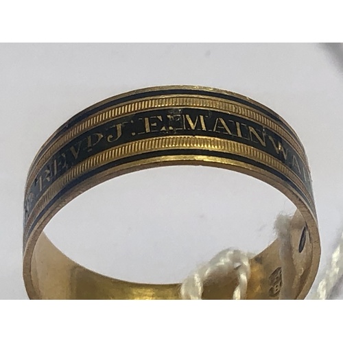 214 - A George III mourning ring, 'WH EH' London 1808, the yellow gold ring with black enamel 'Revd J E Ma... 