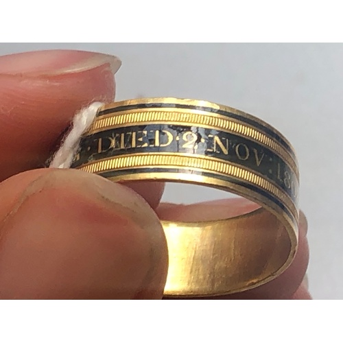 214 - A George III mourning ring, 'WH EH' London 1808, the yellow gold ring with black enamel 'Revd J E Ma... 