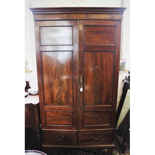 733 - A 19th century mahogany two door wardrobe, with a moulded cornice above a plain frieze and a pair of... 