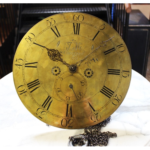 371 - A George III oak cased thirty hour longcase clock by T M, Chesterfield, with a flat top pediment abo... 