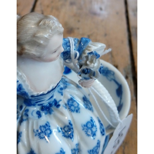 495 - A pair of late 19th century Meissen blue painted double salts depicting a boy and a girl in courtly ... 