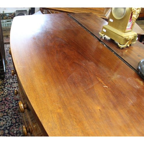 736 - A Victorian mahogany bow front chest of drawers, with two short and three long graduated and cock be... 