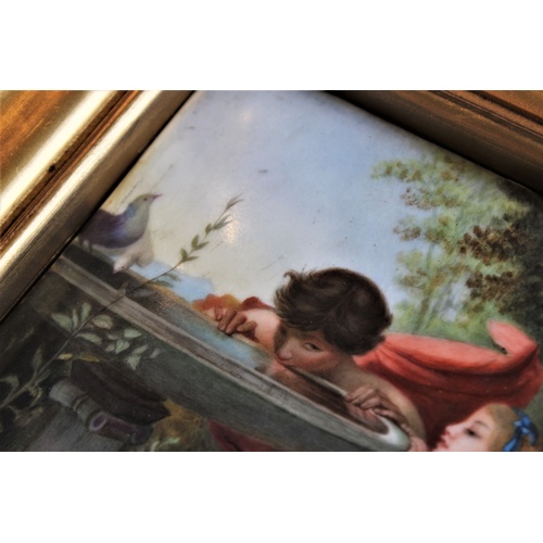 268 - A French enamelled porcelain plaque, after Laure Levy, 'Young Love', indistinctly signed 'M Luce', 2... 