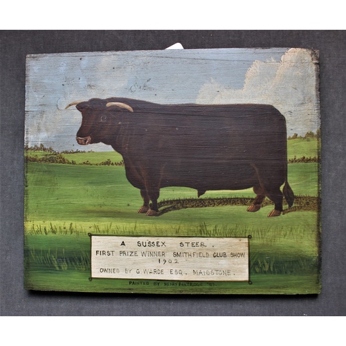 344 - English School (20th century), two oils on board, 'A Sussex Steer, First Prize Winner, Smithfield Cl... 