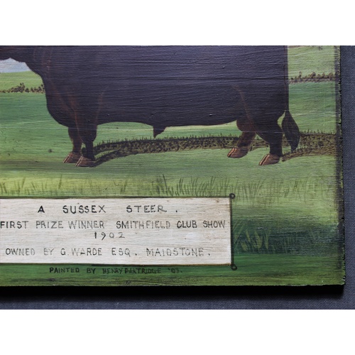 344 - English School (20th century), two oils on board, 'A Sussex Steer, First Prize Winner, Smithfield Cl... 