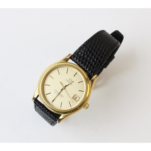 110 - A Gent’s Omega Seamaster Quartz wristwatch, the round gold toned dial with baton markers and date wi... 