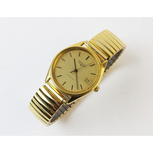 117 - A gent's Longines automatic gold plated wristwatch, the round gold toned dial with baton markers and... 