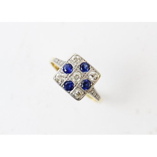 124 - An early 20th century diamond and sapphire square cluster ring, comprising five old cut diamonds int... 