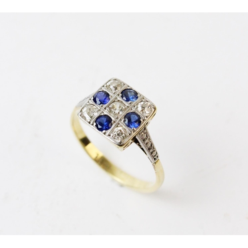 124 - An early 20th century diamond and sapphire square cluster ring, comprising five old cut diamonds int... 