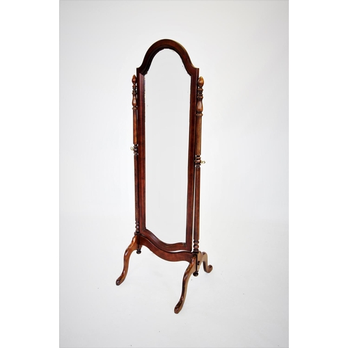 660 - A 19th century style mahogany framed cheval mirror, late 20th century, the arched mirror raised upon... 