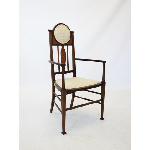 697 - An early 20th century, Glasgow School Arts and Crafts mahogany and inlaid elbow chair, stamped B26, ... 