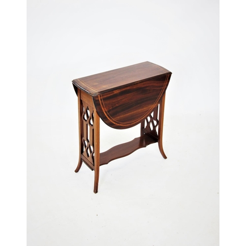 714 - An Edwardian mahogany Sutherland table, the oval drop leaf top inlaid with satinwood banding, raised... 