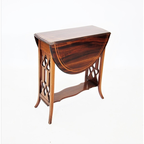 714 - An Edwardian mahogany Sutherland table, the oval drop leaf top inlaid with satinwood banding, raised... 