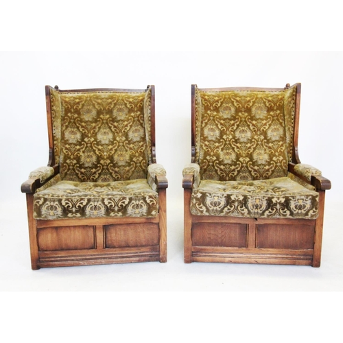 734 - A pair of 17th century style lambing chairs, mid 20th century, each with button finials above linen ... 