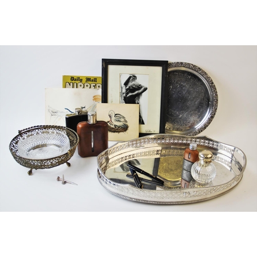 79 - A selection of silver and silver plated wares to include a silver topped glass scent bottle, 10cm hi... 