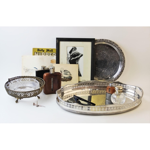 79 - A selection of silver and silver plated wares to include a silver topped glass scent bottle, 10cm hi... 