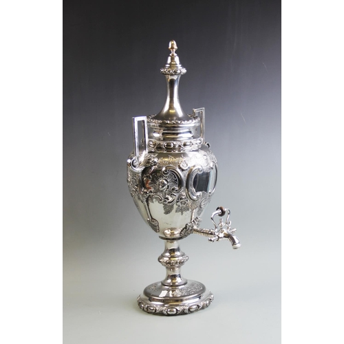 81 - A silver plated samovar, late 19th/early 20th century, of urn form, with relief cast floral and foli... 