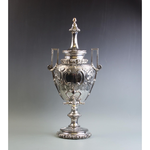 81 - A silver plated samovar, late 19th/early 20th century, of urn form, with relief cast floral and foli... 