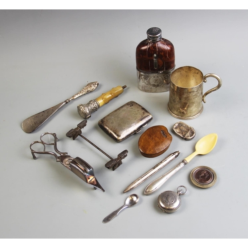 83A - An assorted collection of silver and silver plated wares, to include a hip flask with screw top (at ... 