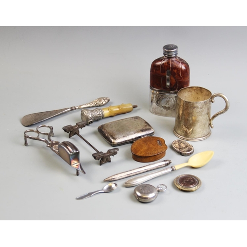 83A - An assorted collection of silver and silver plated wares, to include a hip flask with screw top (at ... 