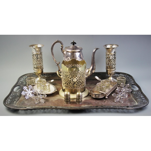 85 - A selection of silver plated items to include a large pierced gallery serving tray, a pierced bottle... 