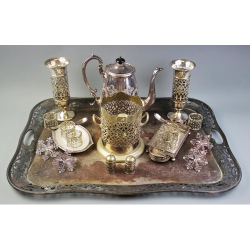 85 - A selection of silver plated items to include a large pierced gallery serving tray, a pierced bottle... 