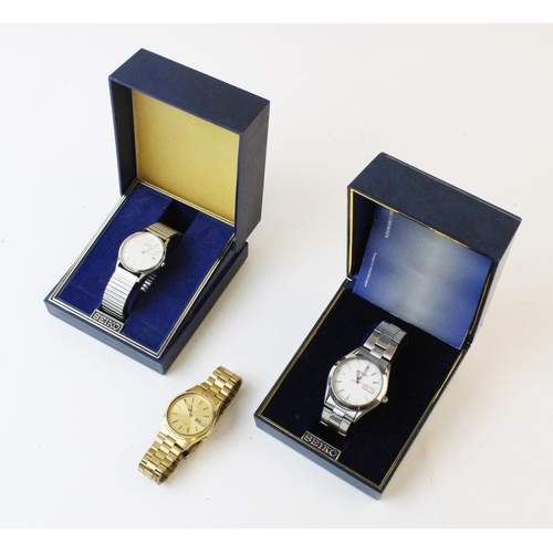 111 - Three gentleman's Seiko wristwatches, comprising; a gold plated stainless steel Seiko 5, 090171, aut... 