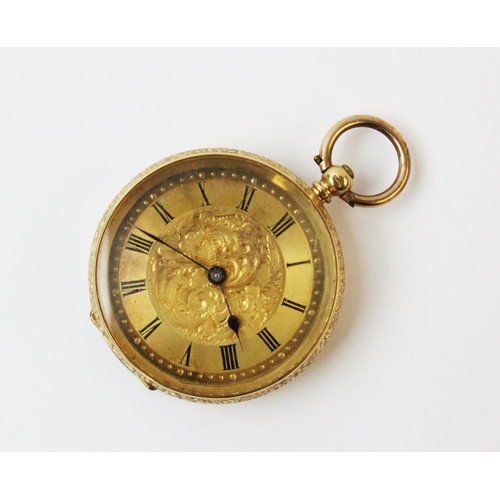 113 - A ladies Continental yellow metal fob watch stamped '18k', the circular case with floral chased exte... 