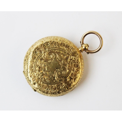 113 - A ladies Continental yellow metal fob watch stamped '18k', the circular case with floral chased exte... 