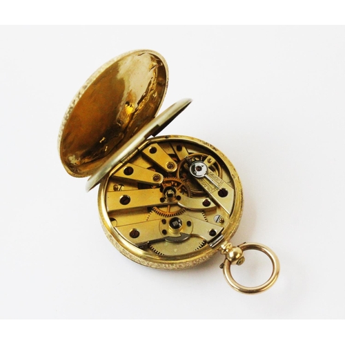 113 - A ladies Continental yellow metal fob watch stamped '18k', the circular case with floral chased exte... 