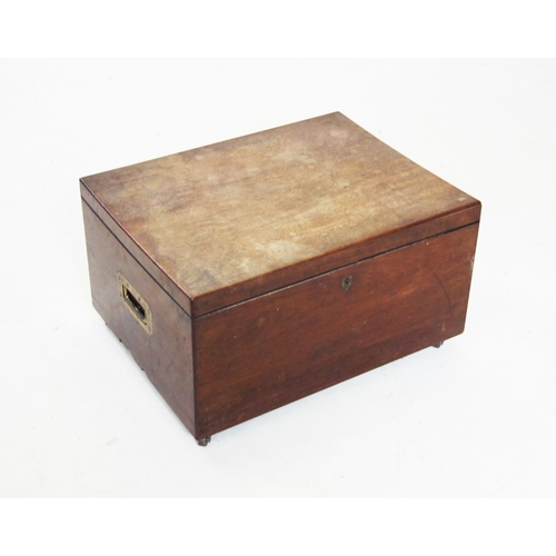 689 - A 19th century mahogany hinged box, with inset brass swing handles stamped 'S P W 8', raised upon br... 