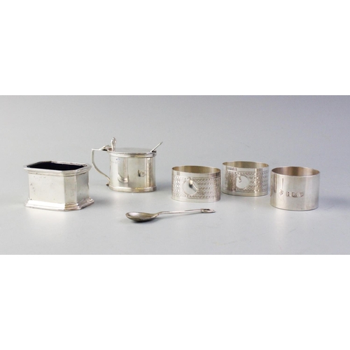 72 - A selection of silverware, to include; a George V silver wet mustard pot, S Blanckensee & Sons Ltd, ... 