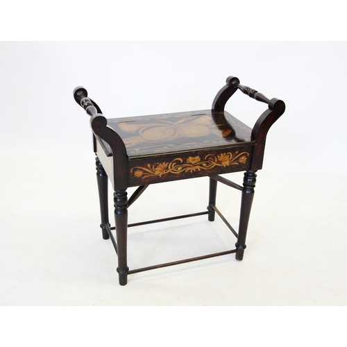 729 - An Edwardian Italian influence stained hardwood piano stool, the turned hand rails enclosing the hin... 