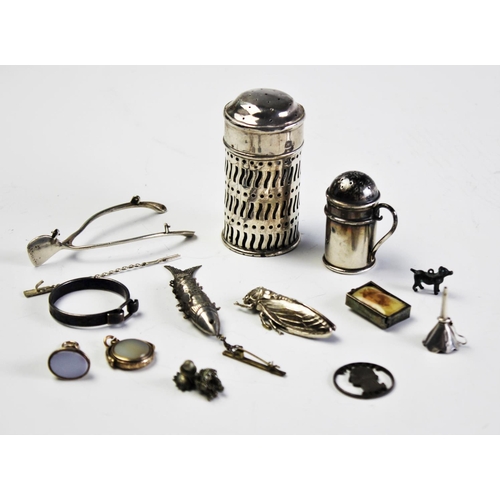 63 - A selection of silver and silver plated items, to include, an Edwardian silver pierced design pepper... 