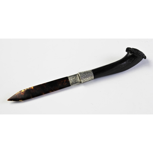 76 - A Victorian white metal antler handled tortoiseshell letter knife, white metal mounted, 31cm long