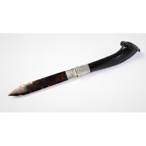 76 - A Victorian white metal antler handled tortoiseshell letter knife, white metal mounted, 31cm long