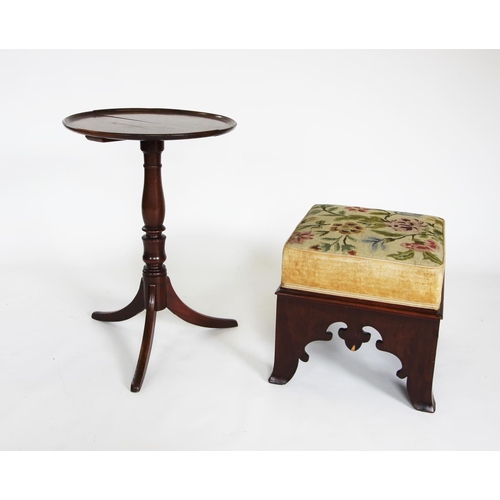 840 - A 19th century Gothic influence mahogany foot stool, the rectangular upholstered tapestry seat above... 