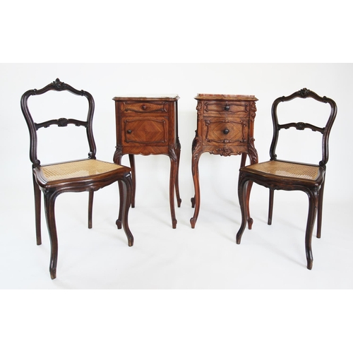 848 - A near pair of French Louis XV style kingwood and marble bedside cabinets, late 19th century, each o... 