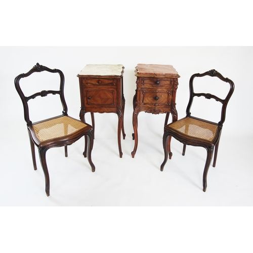 848 - A near pair of French Louis XV style kingwood and marble bedside cabinets, late 19th century, each o... 