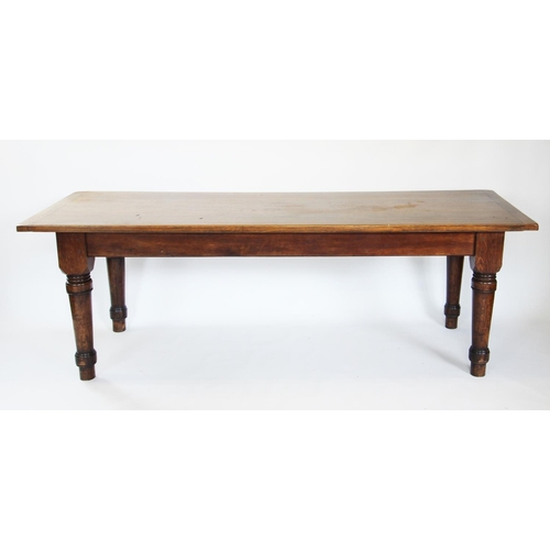 852 - A 17th century style oak plank top table, 20th century, the cleated plank top raised upon ring turne... 